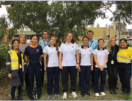 L-R Some of the students are pictured with Alice To, Cathy Judge, Richard Benson, Teacher - Mitch Thompson, Lauren Sibigtroth and Anna Hassn.